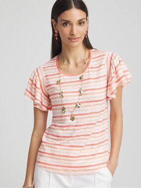 Striped Linen Smocked Flutter-Sleeved Tee 100% Linen - Sz 3 (XL 16) NWT
